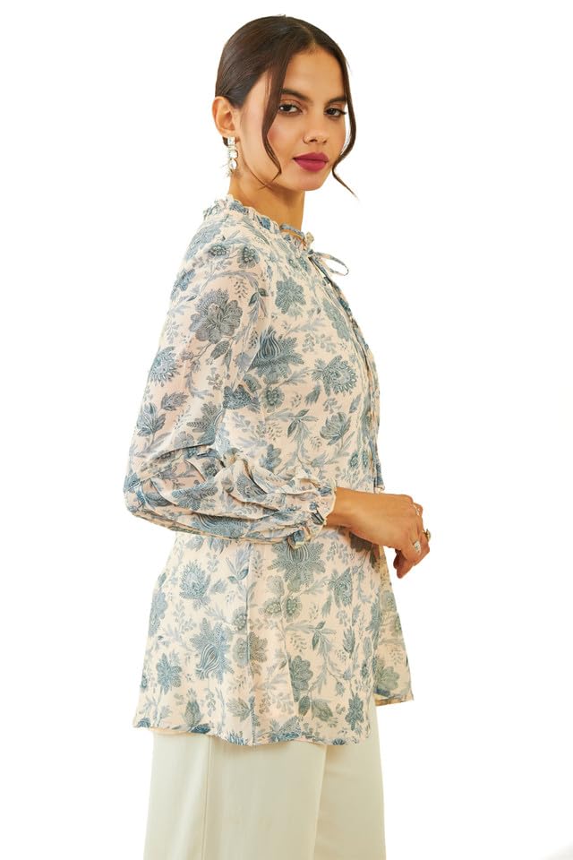 Soch Womens Beige Georgette Floral Print Ruffle-Neck A-Line Tunic