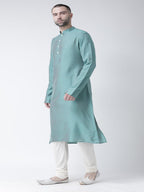 Kisah Men Seafoam Green Solid Straight Kurta Full Sleaves, Knee Length, Straight, Regular Fit, Mandarin Collar Ethnic Casual Wea