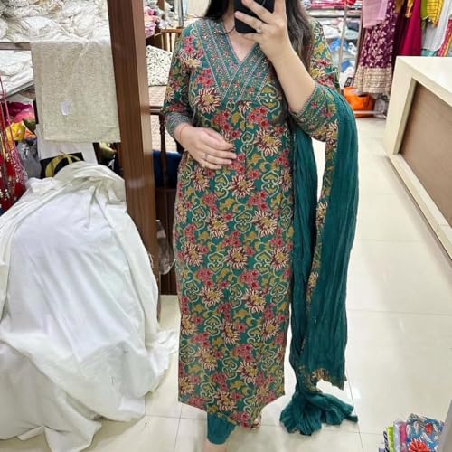 ANNI DESIGNER Womens Cotton Blend Straight Printed Kurta with Pant & Dupatta (Shaniya Green_XL_Green_X-Large)