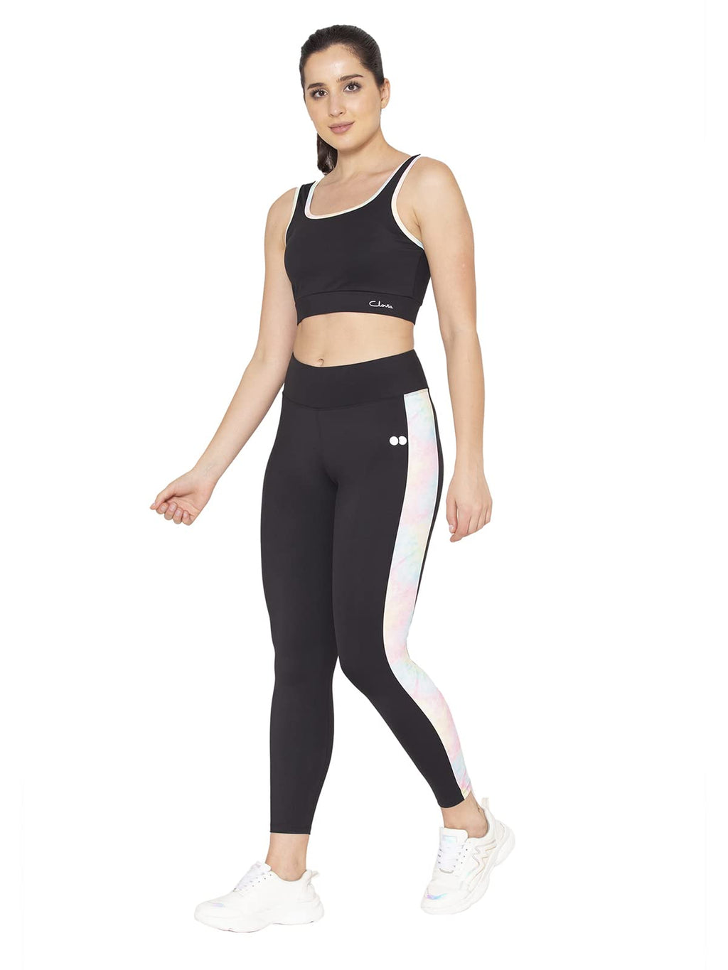 Clovia Womens Nylon Medium Impact Padded Non-Wired Casual Style Sports Bra With Removable & Sports Tights Set (Combat153_Black_