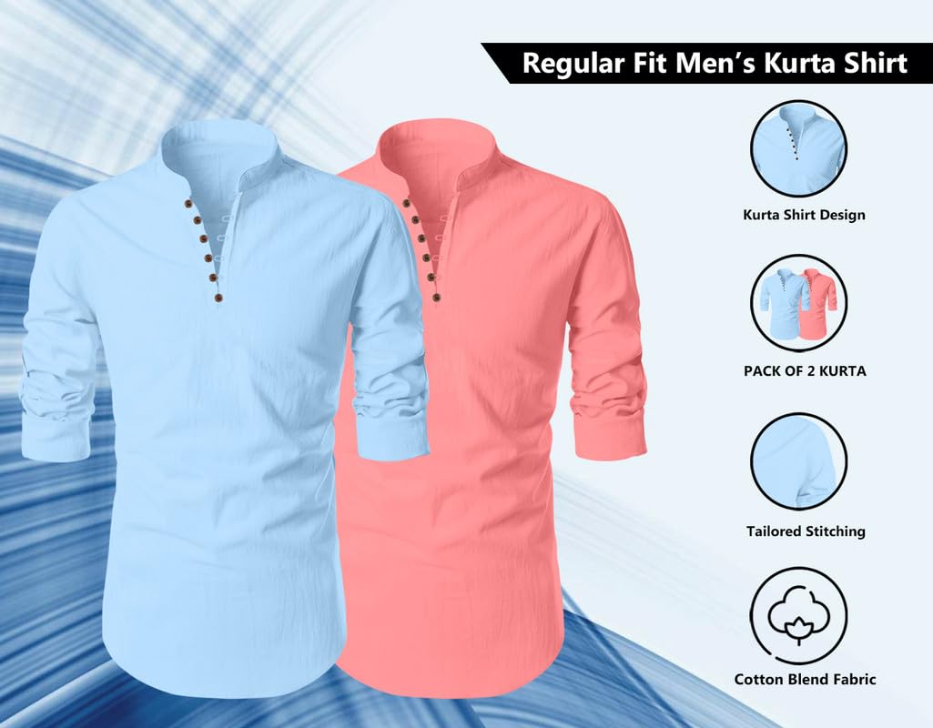 Finivo Fashion MenS Cotton Blend Regular Fit Solid Casual Kurta Shirt Pack Of 2