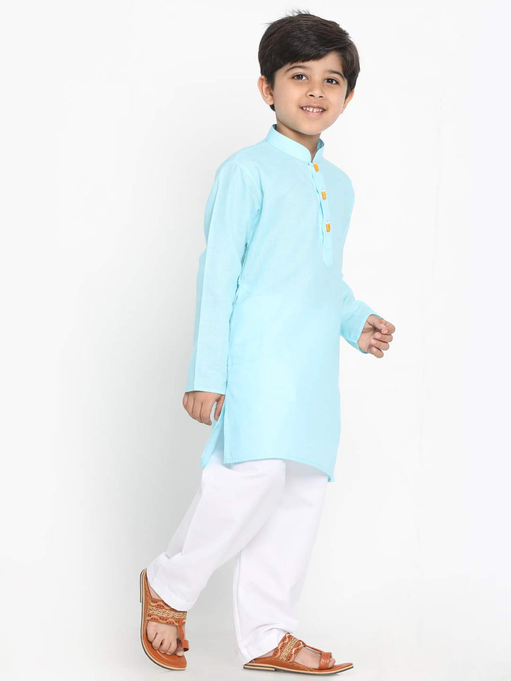 Jbn Creation Boys Blue Cotton Blend Kurta Pyjama And Cap Set