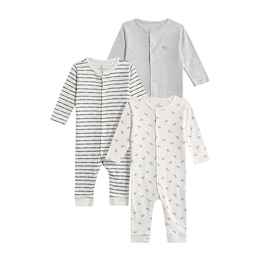 Mothercare Unisex Printed Full Sleeves Sleepsuit  Pack of 3  Multi White/Grey 0-3