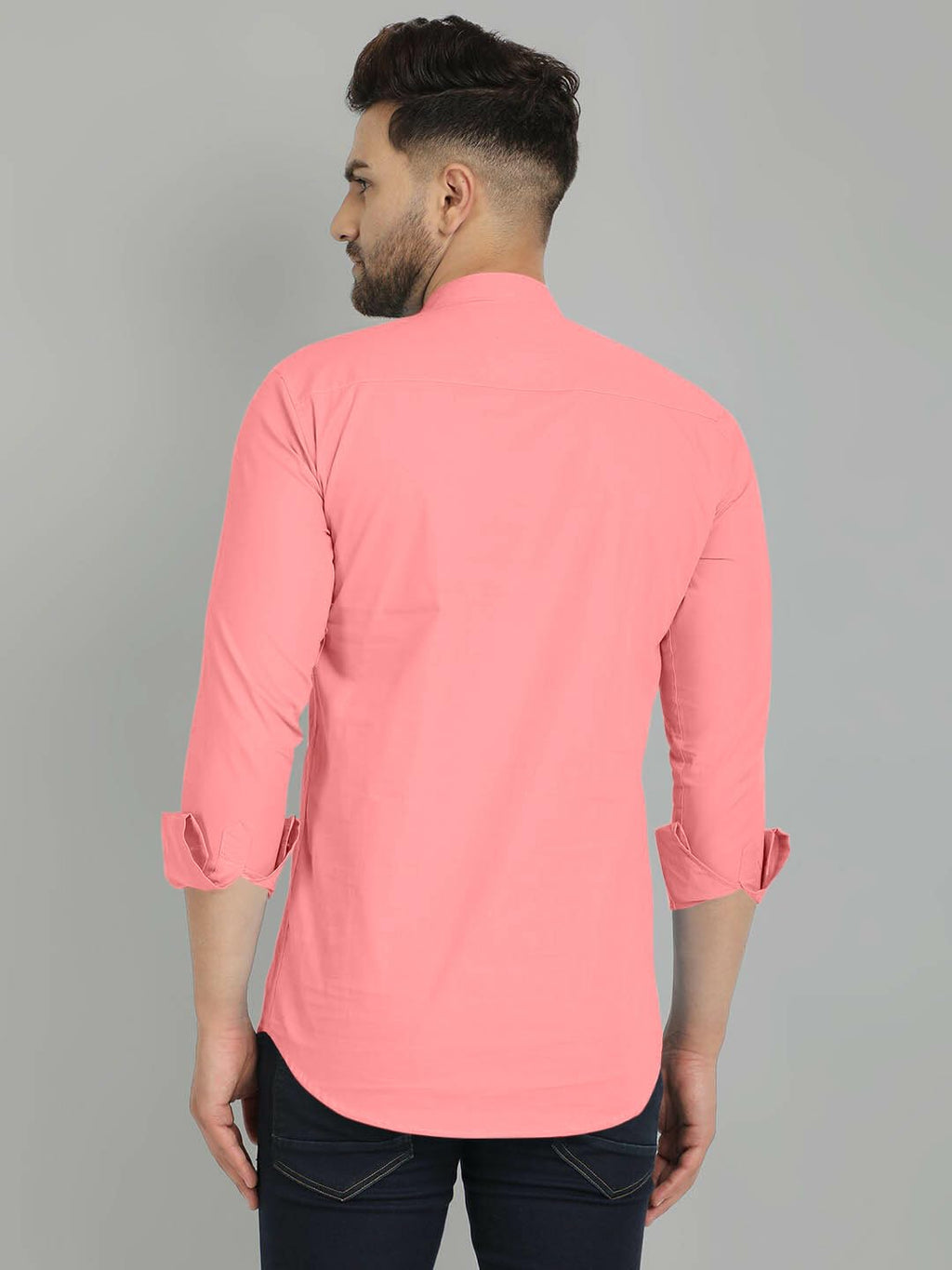 ROYALSCOUT Mens Cotton Blend Full Sleeve Short Kurta with Mandarin Collar Peach