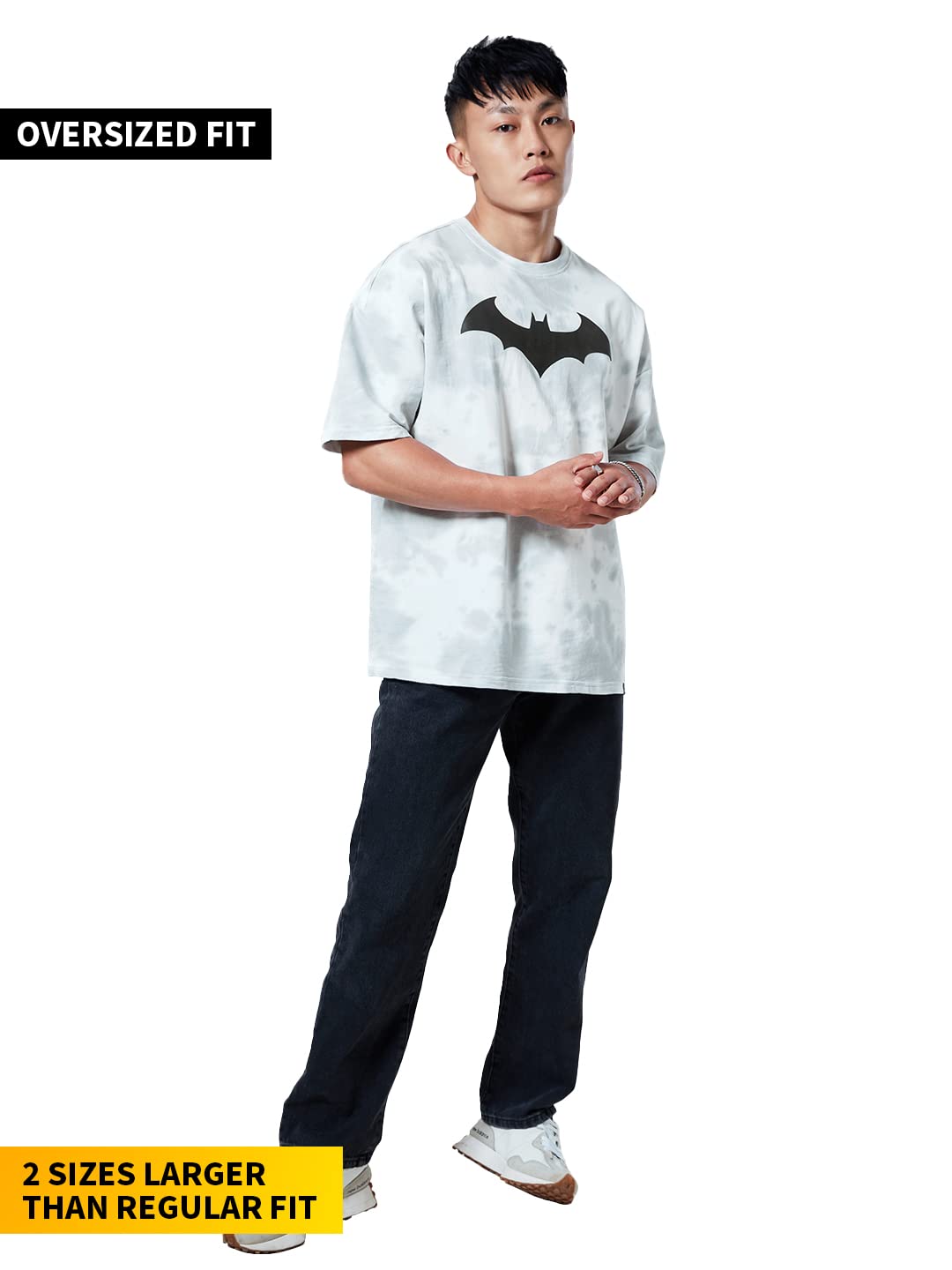 The Souled Store Men Official Batman: Bat Signal Tie Dye Grey Printed Oversized T-Shirts Oversized T-Shirts Fashionable Trendy G