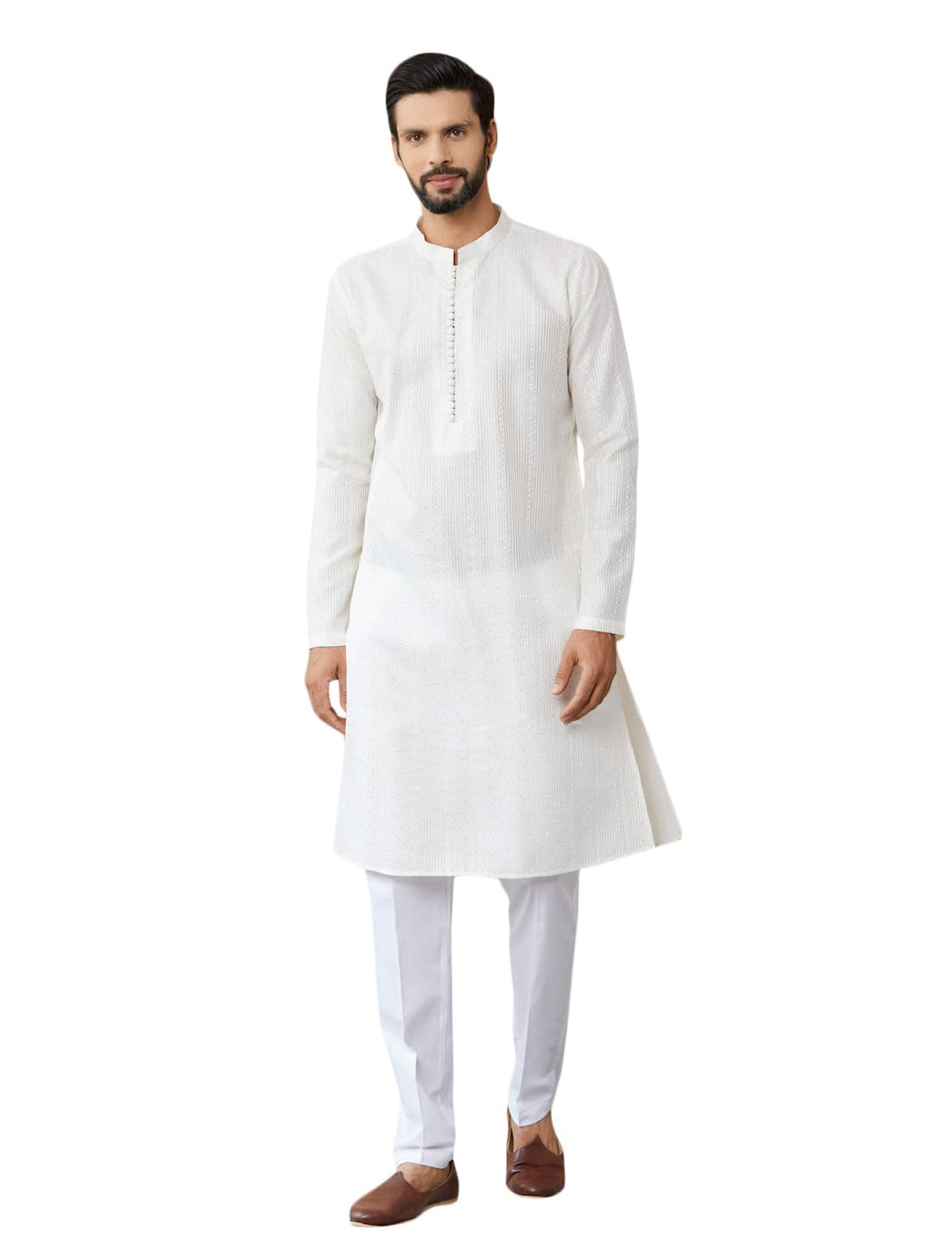 See Designs Mens Long Sleeve Mandarin Collar Side Slit Off White Embroidered Thread Work Sequinned Chanderi Silk Straight Kurta