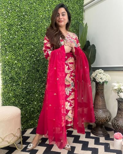 ANNI DESIGNER Womens Rayon Blend Straight Printed Kurta with Pant & Dupatta (NJAN MAROON-VKS01_M_Maroon_Medium)