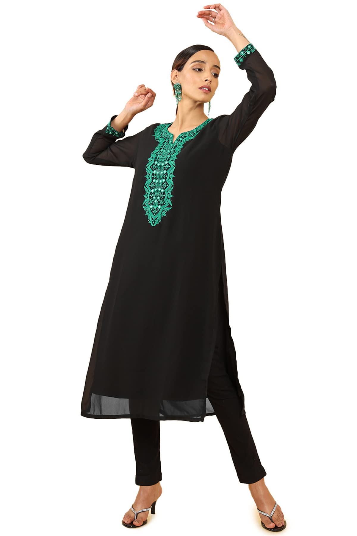 Soch Women Black Georgette Embroidered Kurta