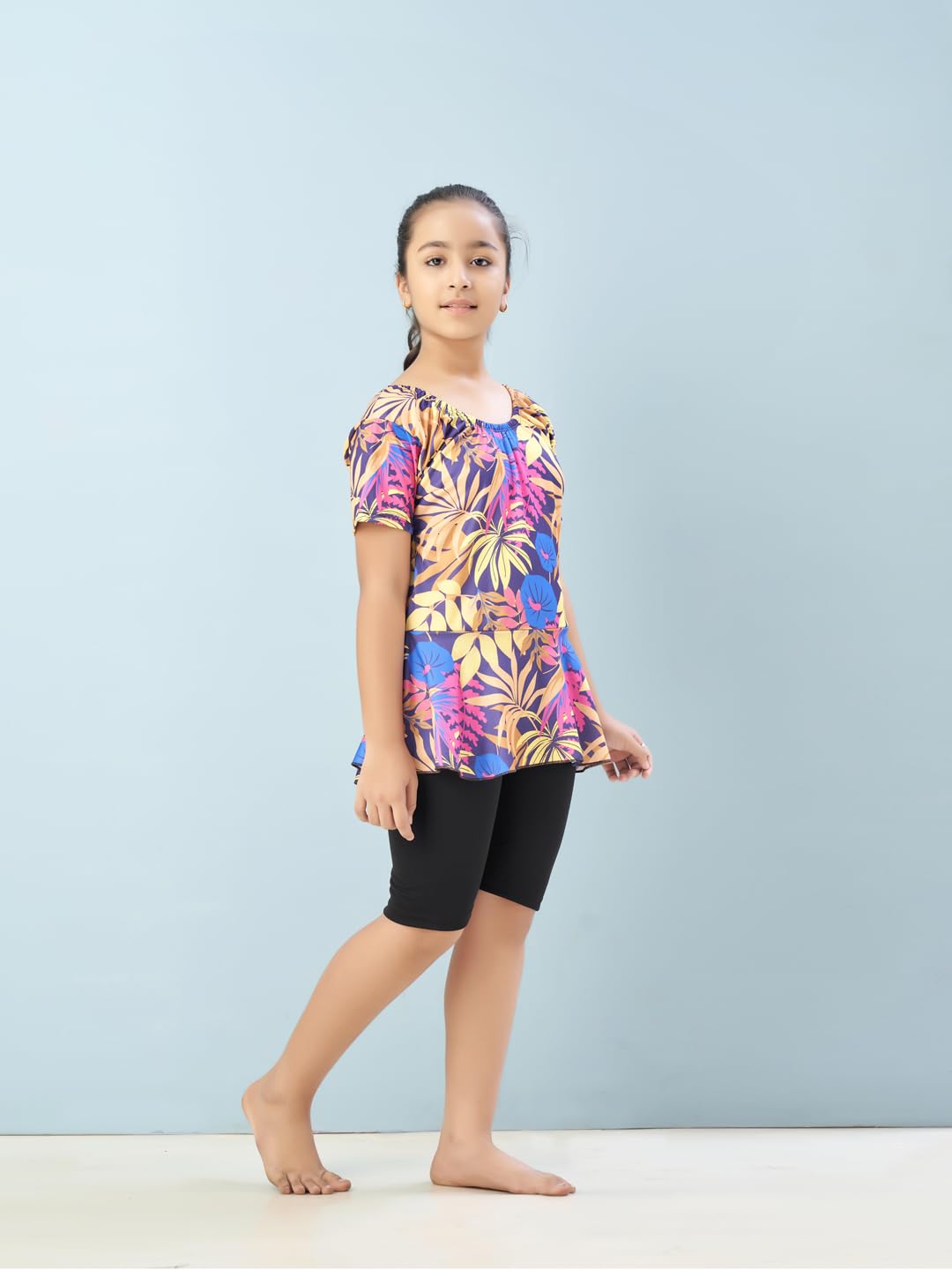 Aarika Girls Sports Wear Yellow Black Colour Floral Print Nylon Swim Suit (5-15 Years)-(SW-SHM-CA-1114)