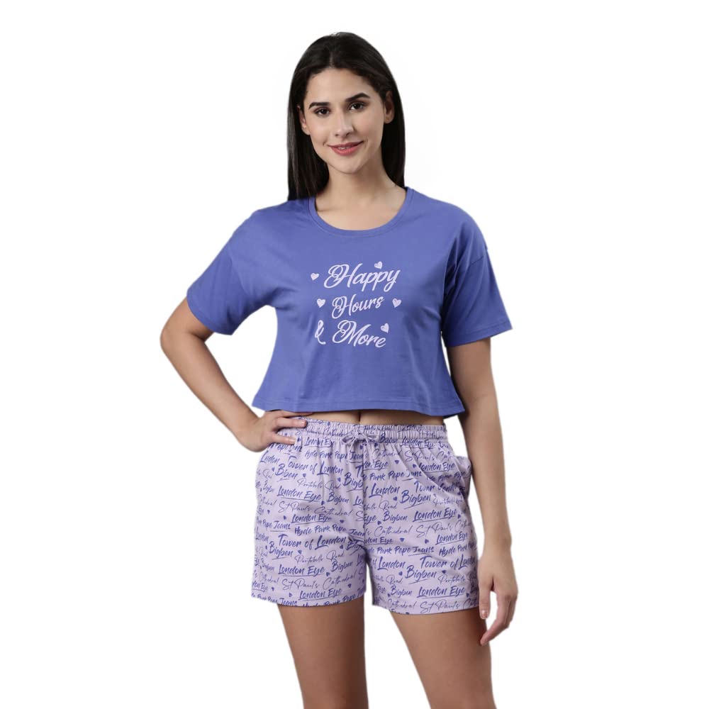 Pepe Jeans Cotton Crop T-Shirt And Shorts Sleepwear Set For Women | Comfortable Soft Printed Nightsuit, Nightwear - Cosmic Purpl