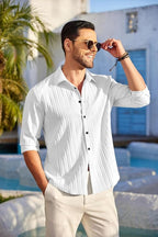 Macsivo MenS Line Shirt With Spread Collared Neck Full Sleeve Button Closure Curved Hem Length Regular Fit | Popcorn Shirt For