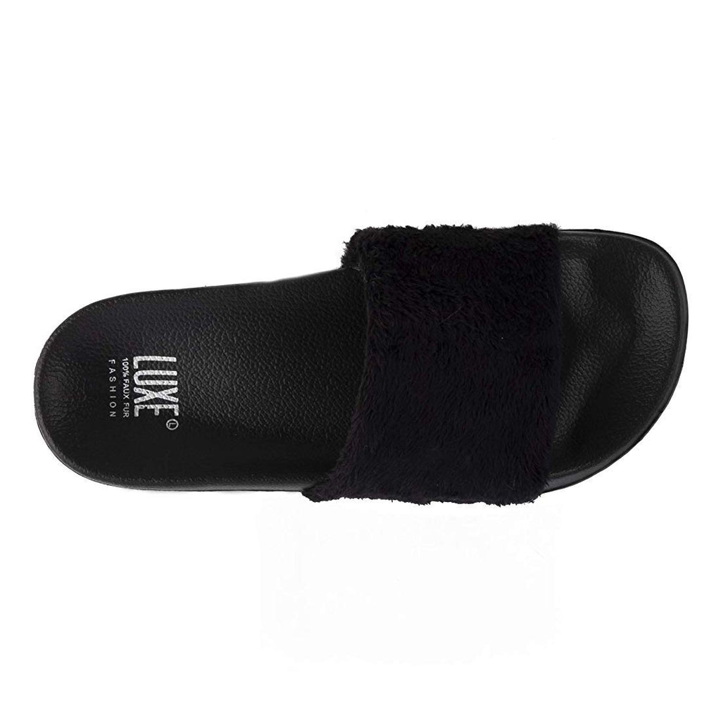 Luxe Faux Fur 676685048080 0.9 in. Sheepskin Slide Slippers - Black with Black Sole