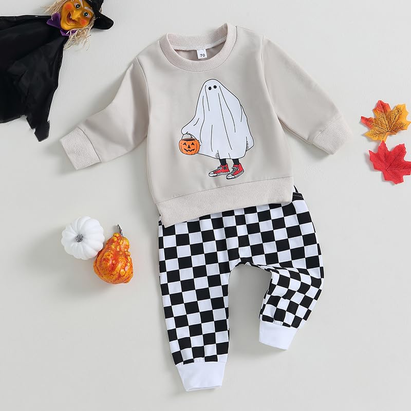 Baby Boy Halloween Pants Outfits Long Sleeve Shirts Pumpkin Sweatshirt Pants Infant Boys Fall Halloween Clothes Set (Light Grey)