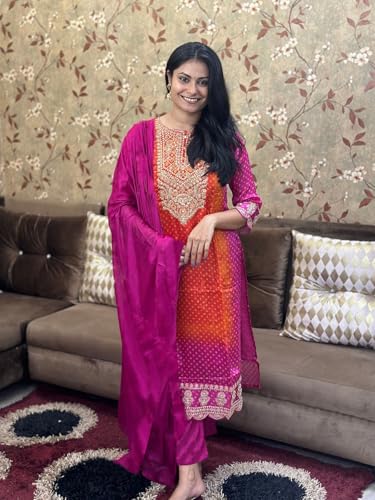 ANNI DESIGNER Women s Straight Embroidered Rayon Blend Kurta with Pants and Dupatta, Pink, 48