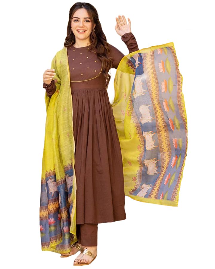 Anni Designer WomenS Rayon Blend Anarkali Solid Kurta With Pant & Dupattaatta (Chandrika Brown_Xxl_Brown_Xx-Large)