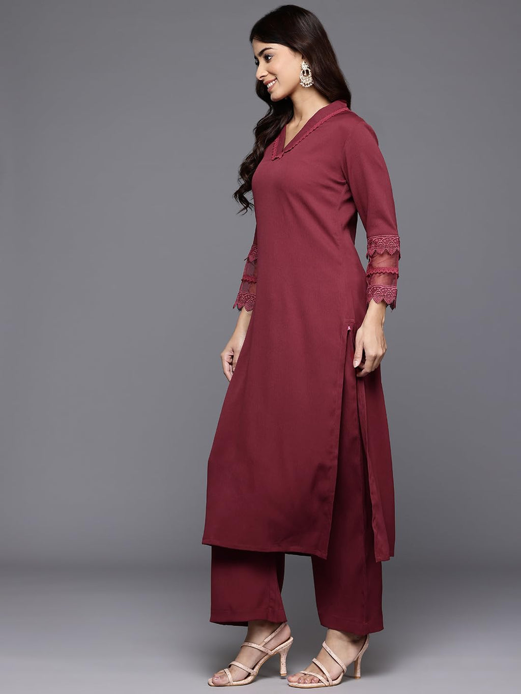 Varanga Women Maroon V Neck Three Quarter Sleeves Cotton Lace Straight Kurta With Tonal Bottom - Casual Ethnic Suit Set For Wome