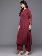 Varanga Women Maroon V Neck Three Quarter Sleeves Cotton Lace Straight Kurta With Tonal Bottom - Casual Ethnic Suit Set For Wome