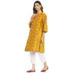 Fabindia Women Cotton Silk Printed Knee Length Kurta Mustard