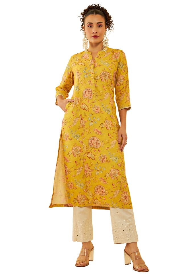 Soch Women Linen Floral Printed Mandarin Collar Straight Kurta