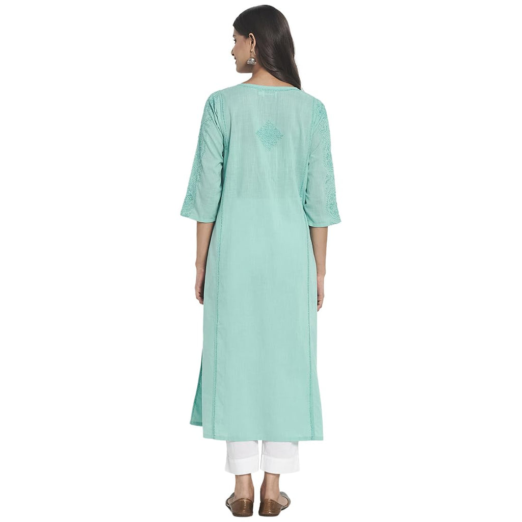 Fabindia Women Cotton Chikankari Long Kurta Blue