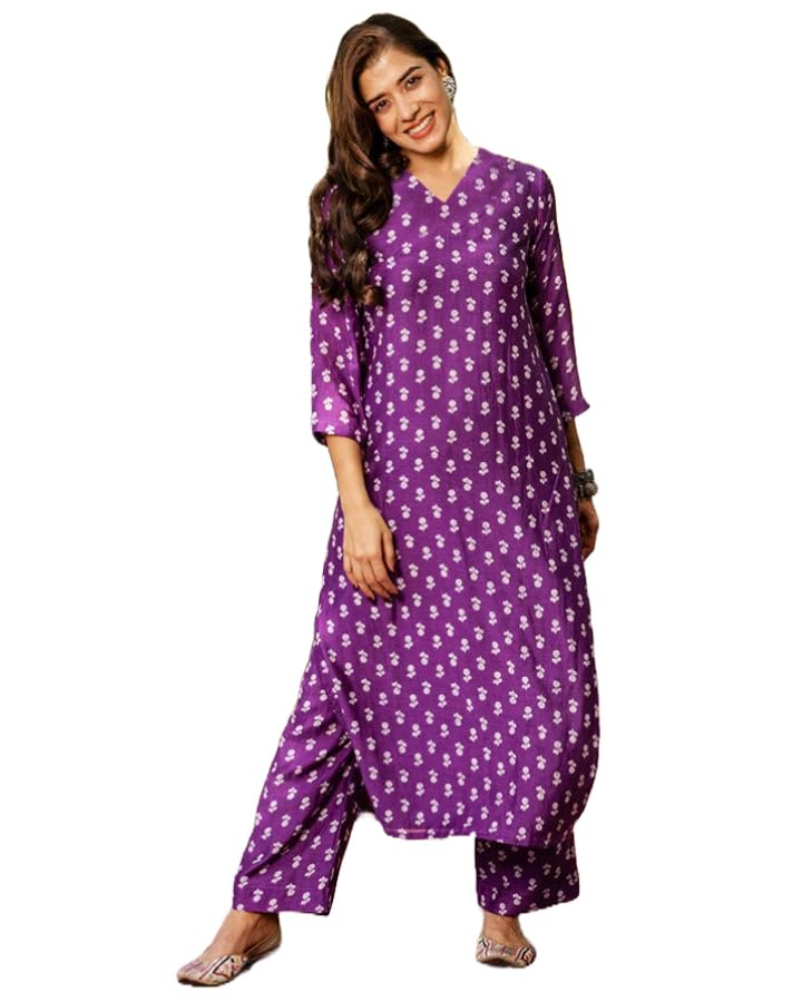 ANNI DESIGNER Women s Cotton Blend Kurta with Palazzo, purple, M