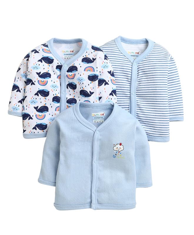 BUMZEE Sky Blue & White Boys Full Sleeves Cotton Jablas Pack of 3 Age - 0-3 Months (Peb10028B-sbl)