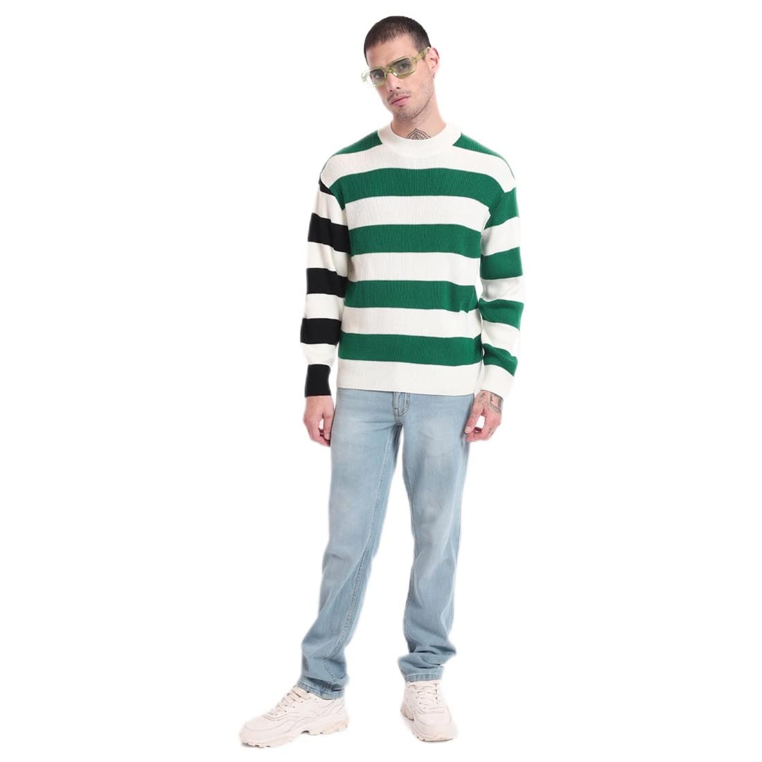 Bewakoof Mens Striped Oversized Fit Full Sleeve Round Neck Acrylic Sweater Green