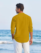 Macsivo MenS Cotton Polyester Henley Short Kurta With Mandarin Collar Long Sleeeve Button Closure Curved Hem Regular Fit | Kurt