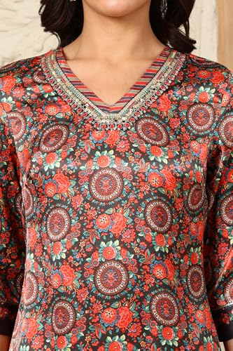 W For Woman Black Floral Printed Embellished Japanese Satin Straight Kurta