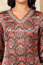 W For Woman Black Floral Printed Embellished Japanese Satin Straight Kurta