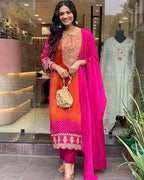 ANNI DESIGNER Womens Rayon Blend Straight Embroidered Kurta with Pant & Dupatta (Lasivan Pink_XL_Pink_X-Large)