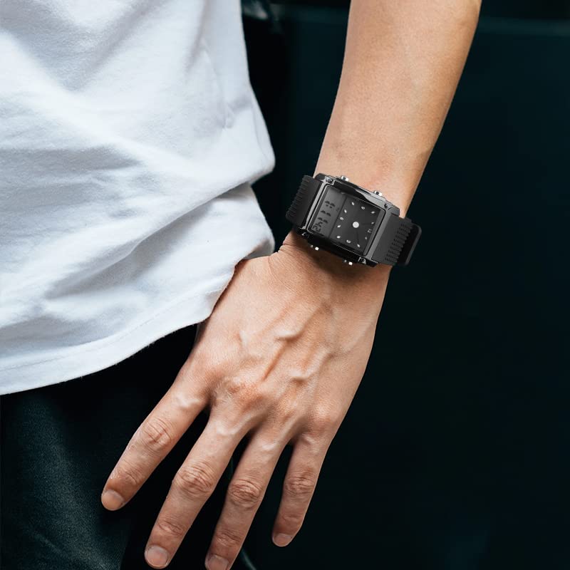 FANMIS Men's Rectangle Dial Sports Wrist Watches with 7 Colors Optional LED Backlight Multifunctional Alarm Stopwatch 12/24H Rub