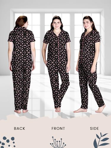 Lyra WomenS Cotton Shirt And Pyjama Printed Night Suit Black