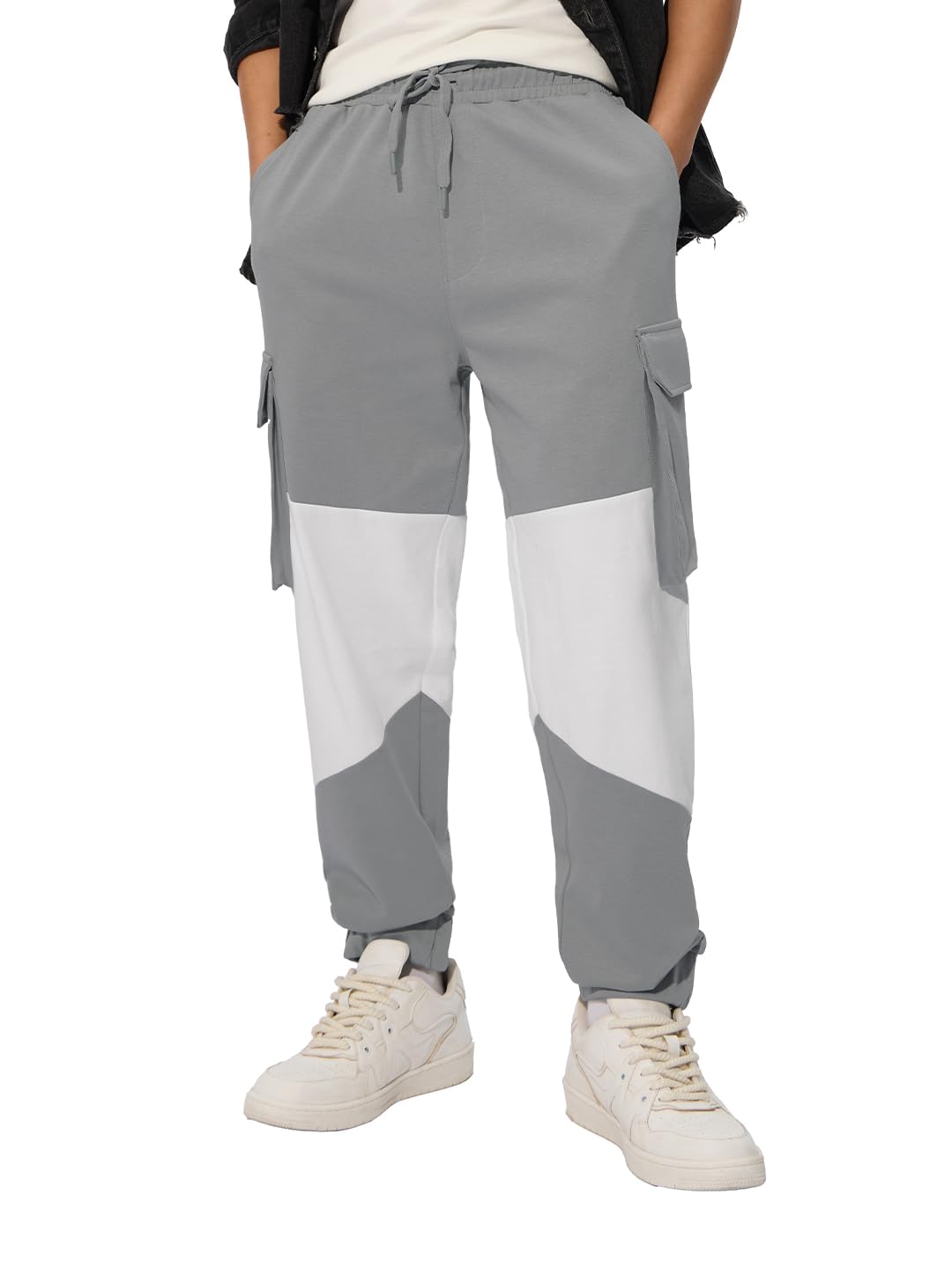 The Souled Store Space Grey (Utility) Men and Boys Elasticated Toggles Leg Closure Beige Printed Cotton Blend Baggy Fit Oversize