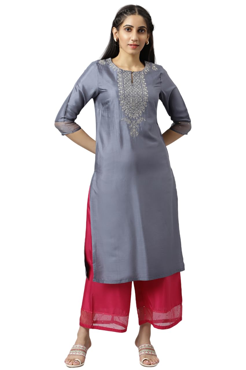 W For Woman Women'S Rayon Blue Embroidered Straight Kurta-Parallel Pants-Dupatta Set (21Auws16105-215851 12)