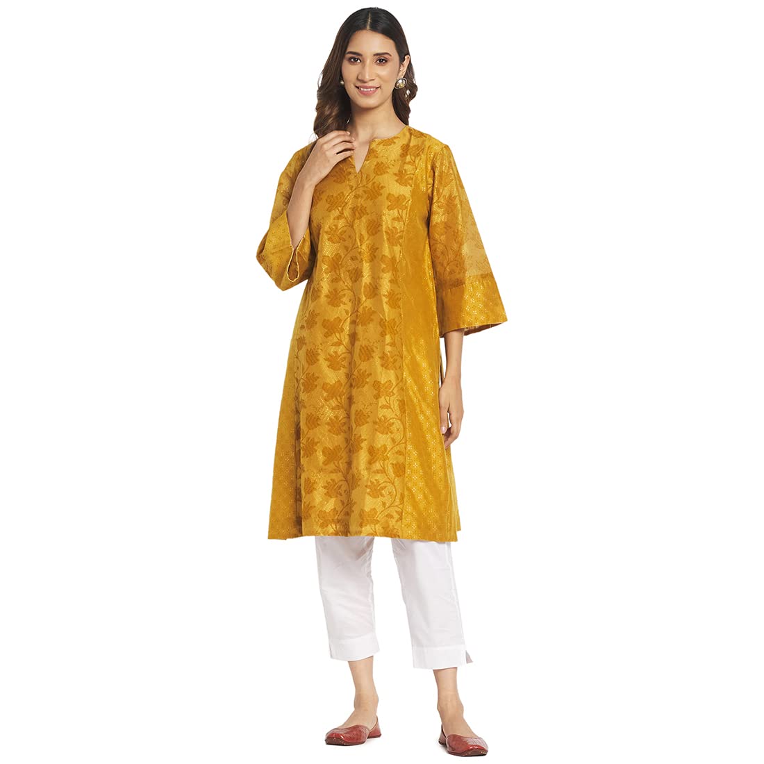 Fabindia Women Cotton Silk Printed Knee Length Kurta Mustard_Xs