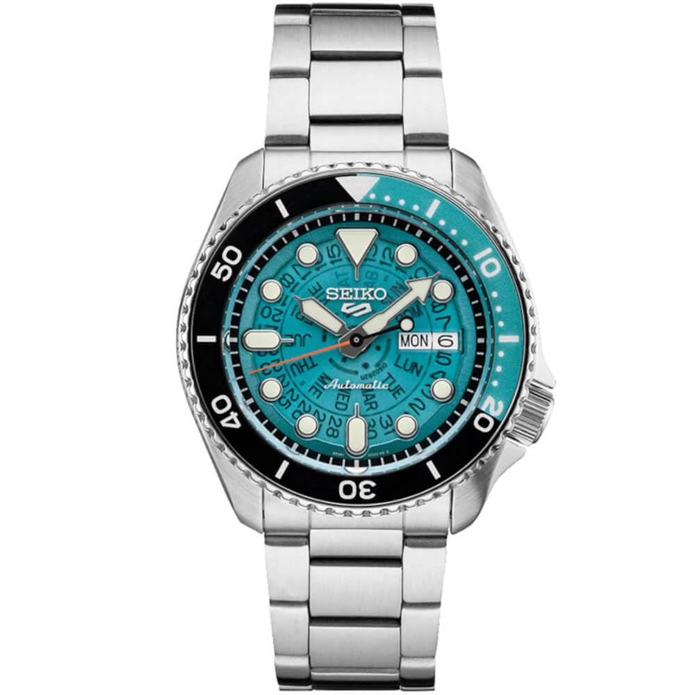 SEIKO SRPJ45 Automatic Watch for Men - 5 Sports - Teal Dial with Day/Date Calendar Wheel, Luminous Hands & Markers, Rotating Bez