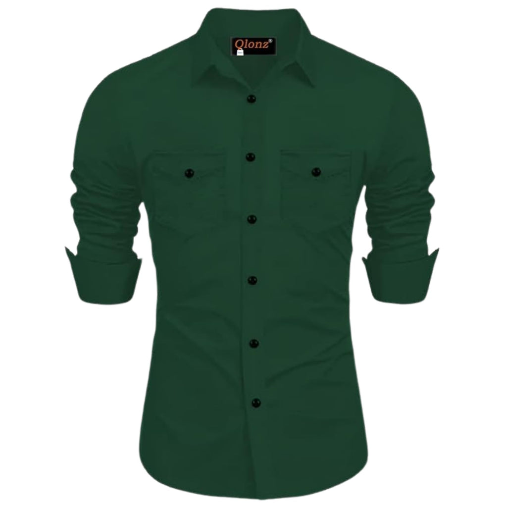 Rebelify Double Pocket With Flap Men Cargo Cotton Shirt Bottle Green