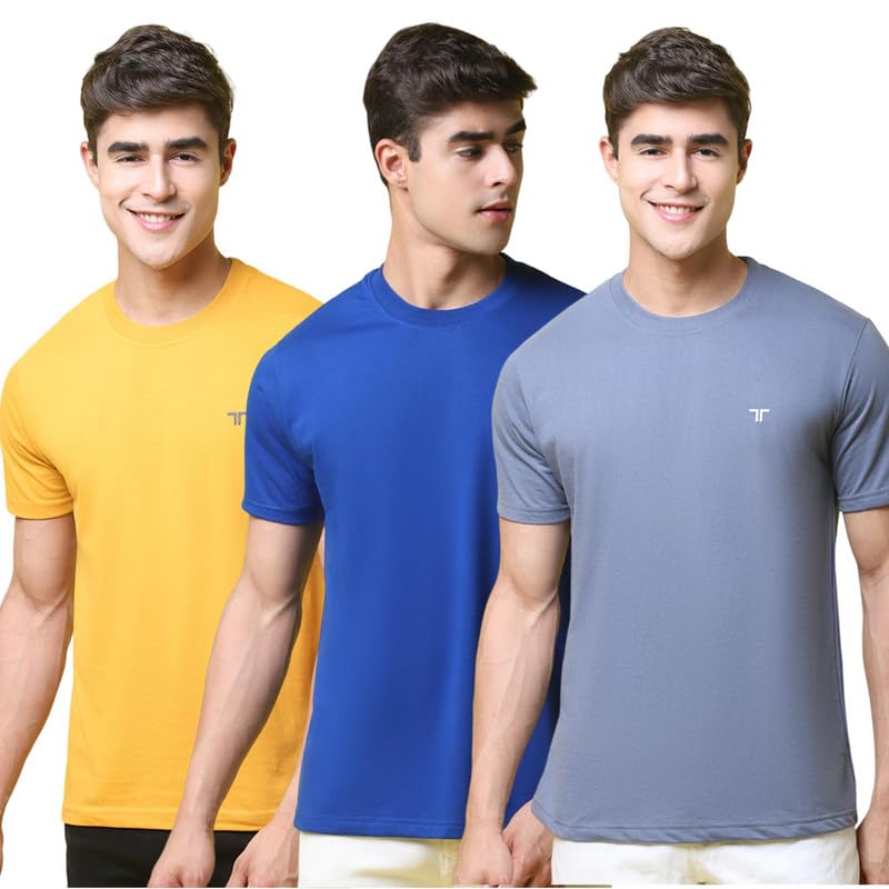 Pinkmint Mens Combo Cotton Blend T-Shirt ll Soild Round Neck T-Shirt ll Stylish Half Sleeve T-Shirts ll Gym Wear (Pack of 3)