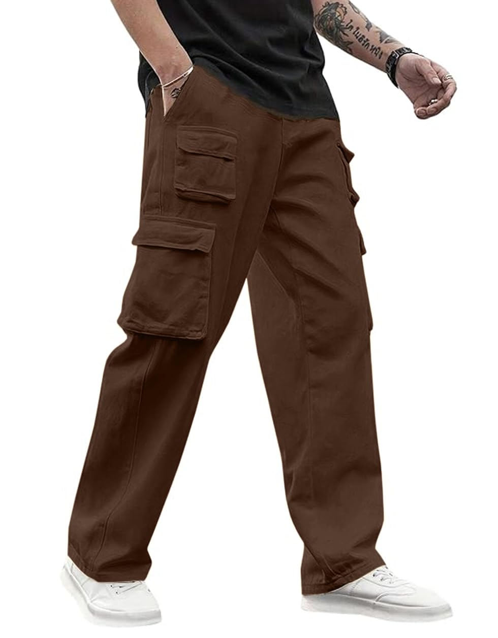 Veirdo Men's Cotton Baggy Fit Ankle Length Mid Rise 6 Pocket Cargos