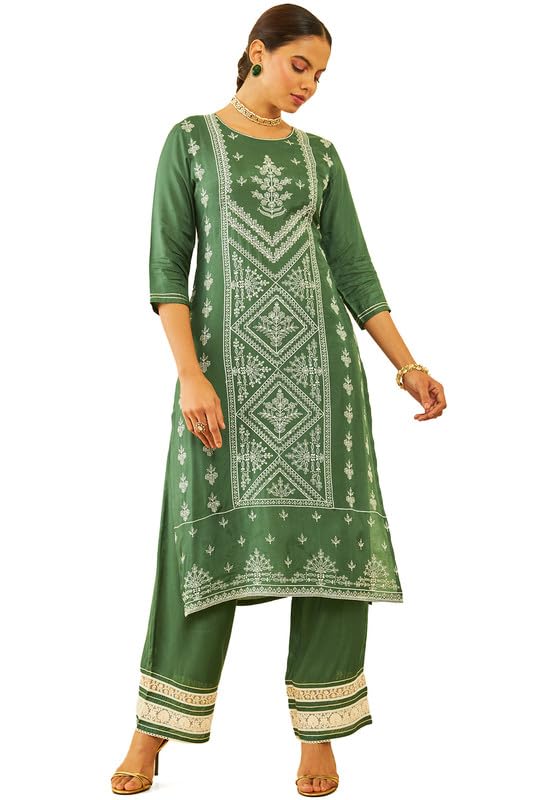 Soch Womens Green Muslin Floral Embroidered Sequin Embellished Straight Kurta Set