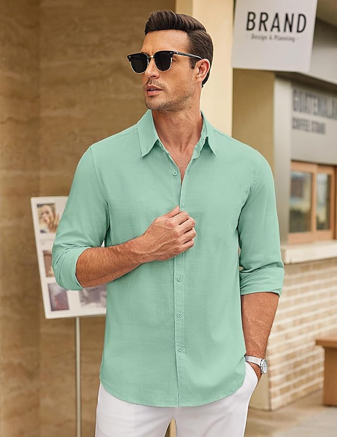 CB-COLEBROOK Mens Long Sleeve Button Down Shirts Casual Cotton Linen Shirts Summer Beach Shirt for Mens Top (in, Alpha, XL, Reg