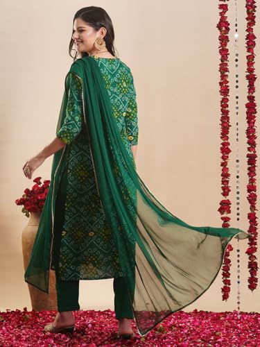ANNI DESIGNER Womens Rayon Blend Straight Bandhej Printed Kurta with Pant & Dupatta (TURAE GREEN-VKS04_L_Green_Large)