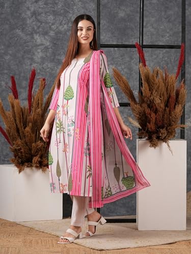 ANNI DESIGNER Womens Cotton Blend Straight Printed Kurta with Pant & Dupatta (Darur Pink_M_Pink_Medium)