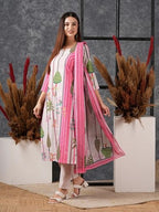 ANNI DESIGNER Womens Cotton Blend Straight Printed Kurta with Pant & Dupatta (Darur Pink_S_Pink_Small)
