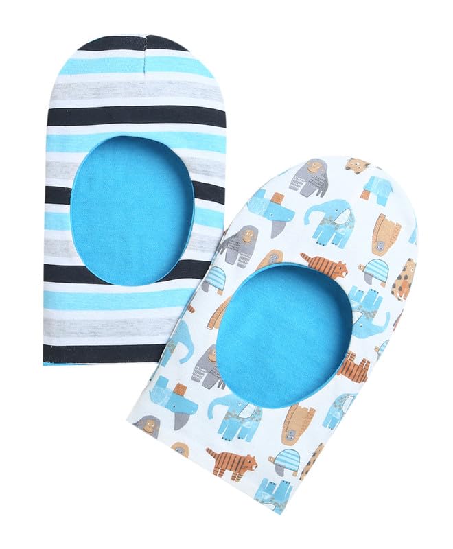 BUMZEE White & Blue Boys Cotton Reversible Monkey Cap Pack of 2 Age - 6-12 Months (Peb9537B-wht.blu)
