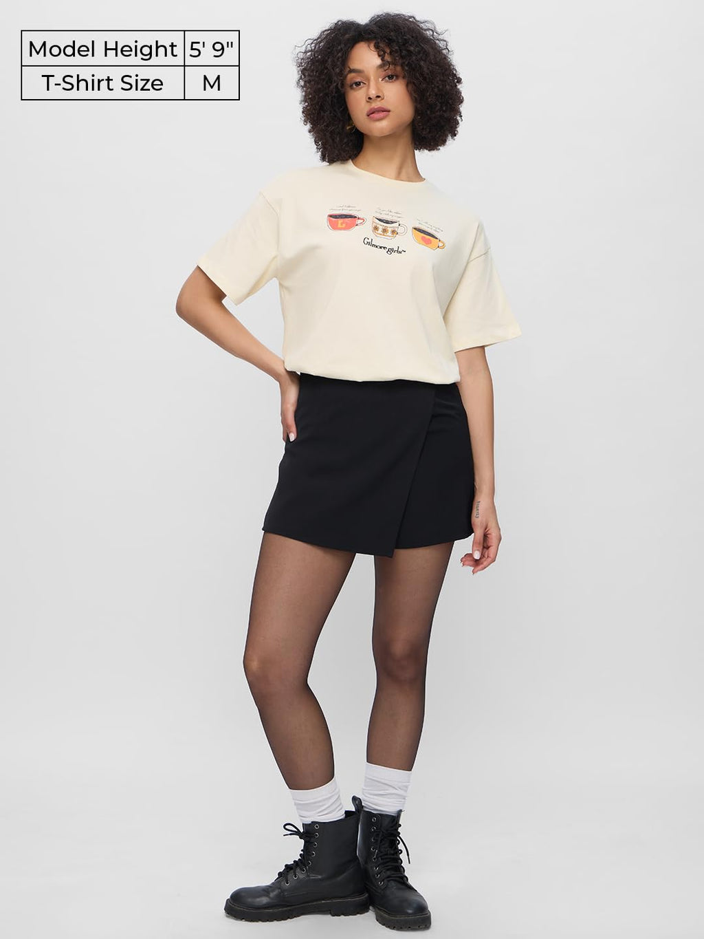 The Souled Store Gilmore Girls: Coffee Cups Women and Girls Short Sleeves Round Neck Off White Graphic Printed Cotton Oversized