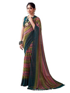 Satrani Womens Georgette Glitter Zari Stripe Printed Saree with Unstitched Blouse Piece (3498S722N_Rama & Mustard & Pink)
