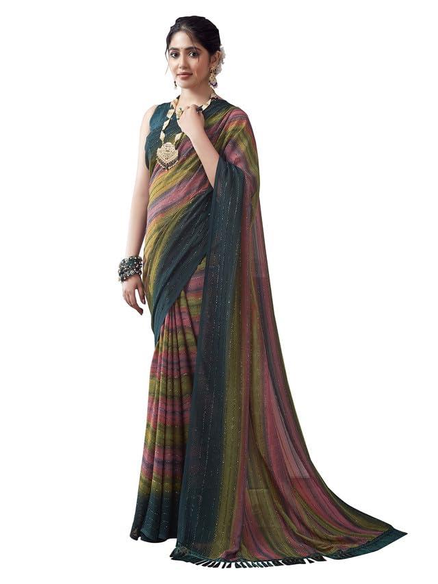 Satrani Womens Georgette Glitter Zari Stripe Printed Saree with Unstitched Blouse Piece (3498S722N_Rama & Mustard & Pink)