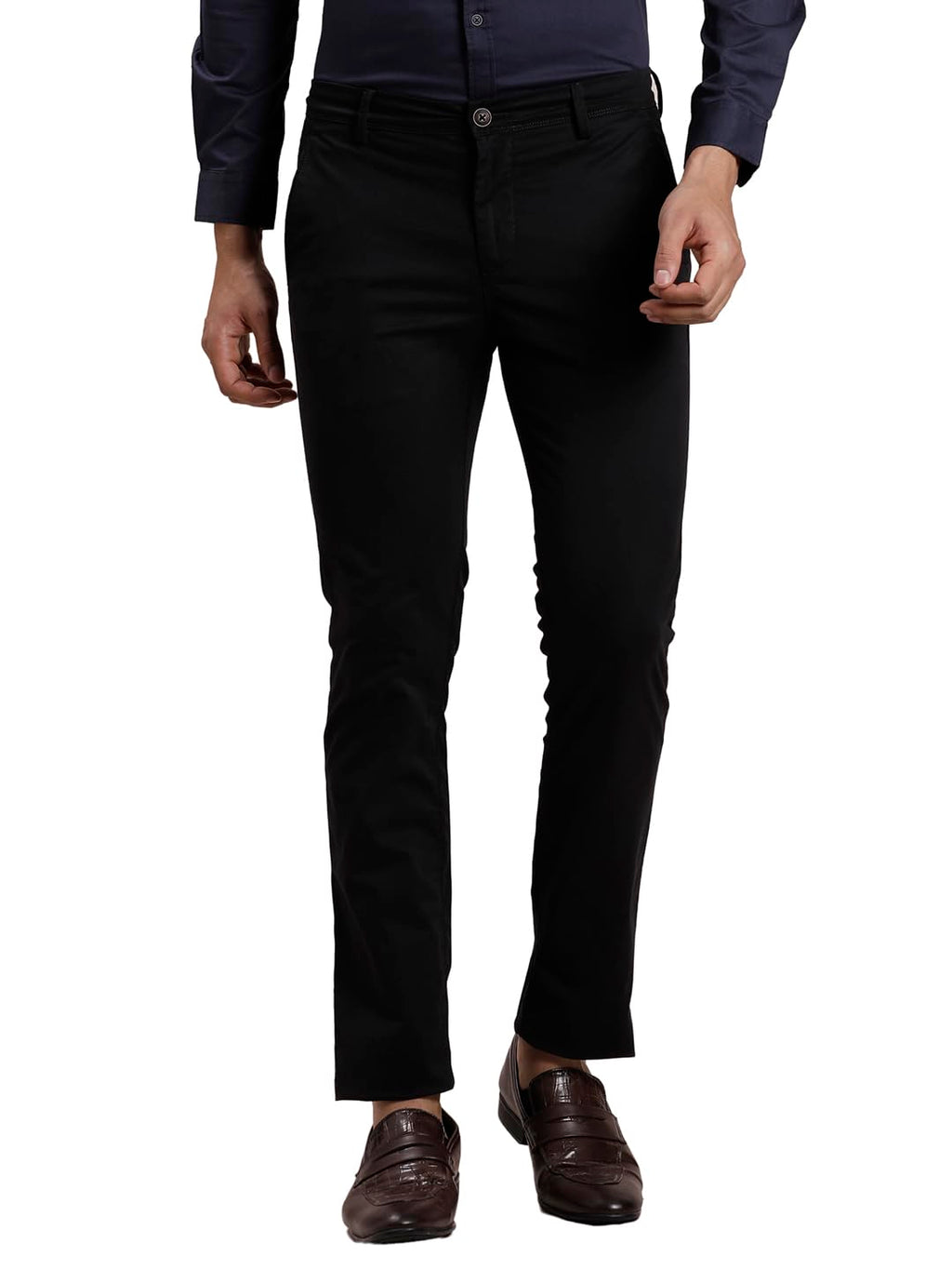Turtle Men Cotton Stretch Ultra Slim Fit Solid Black Casual Trouser